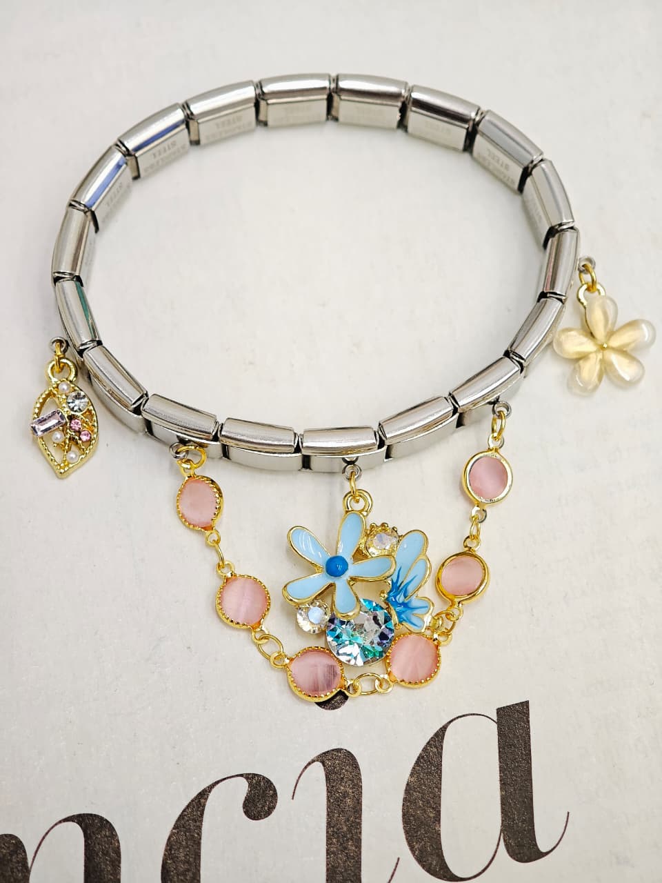 Pulsera Italiana con Flor Azul