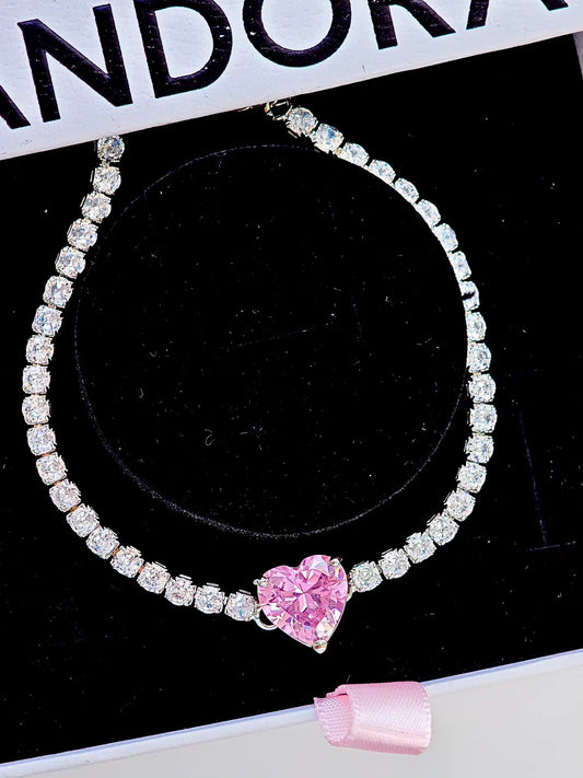 Pulsera Tennis Tipo Pandora Corazon Rosa
