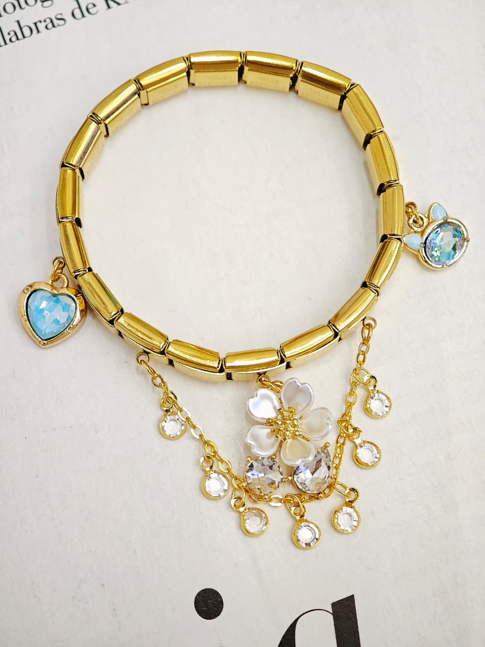 Pulsera Italiana de Flor y Dijes Azules