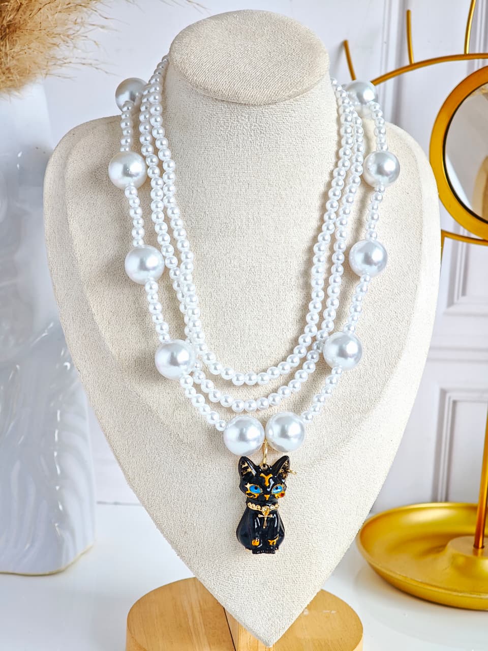 Collar Maxi de Gatito y Perlas