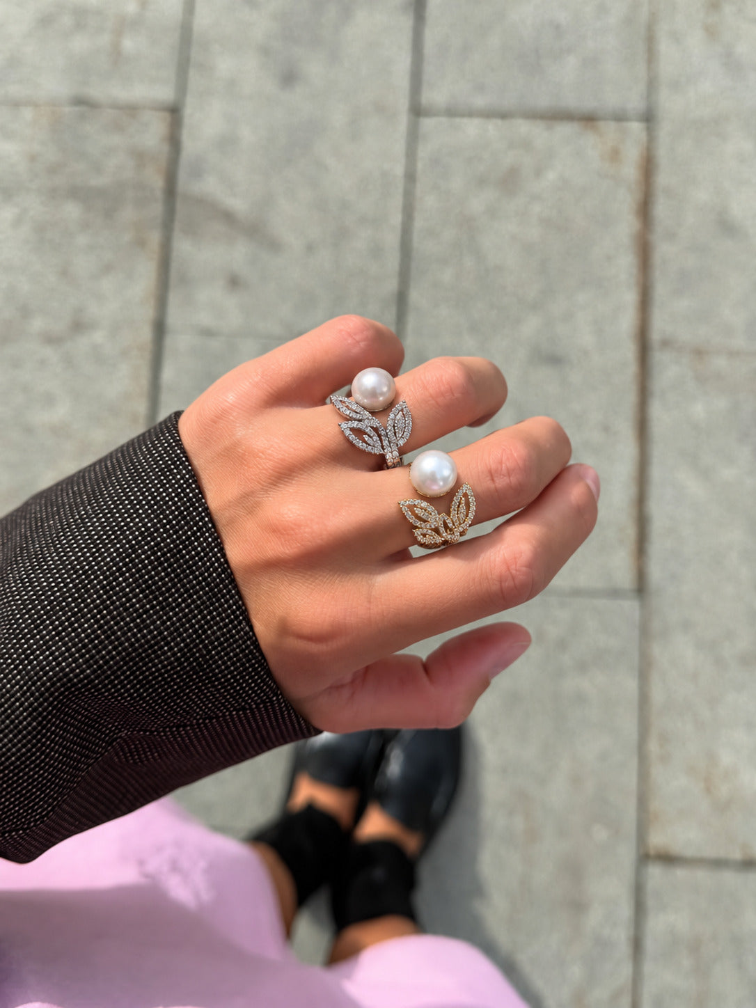 Anillo de Perla y Hojitas
