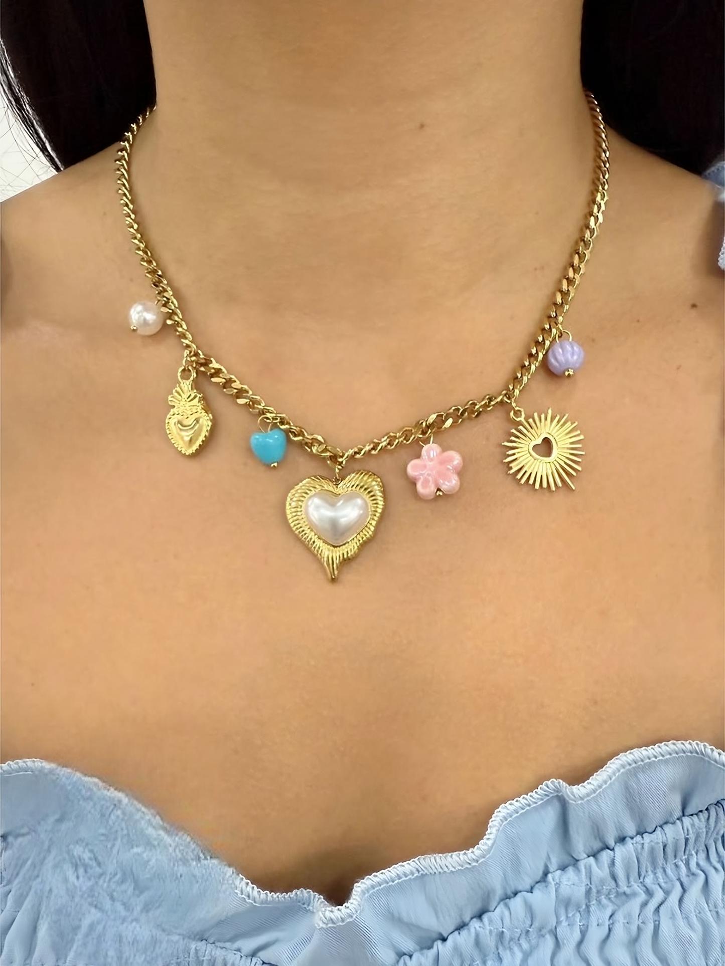 Collar Corazon con Perla y Dijes